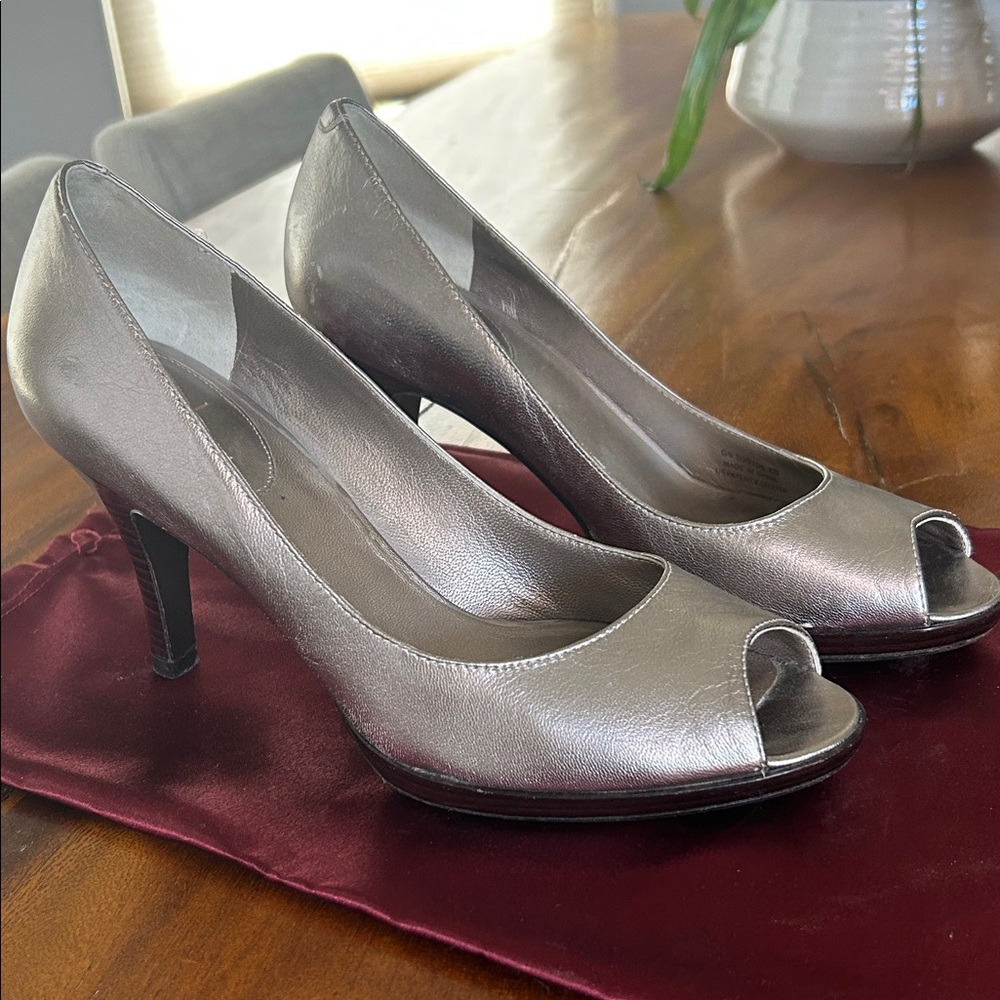 Cole Haan Metallic Silver Peep-Toe Heels- very versatile